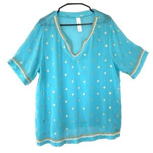 VTG Sheer Popover Tunic Womens 1X Gold Embellished Stars &Embroidery Boho Fairy